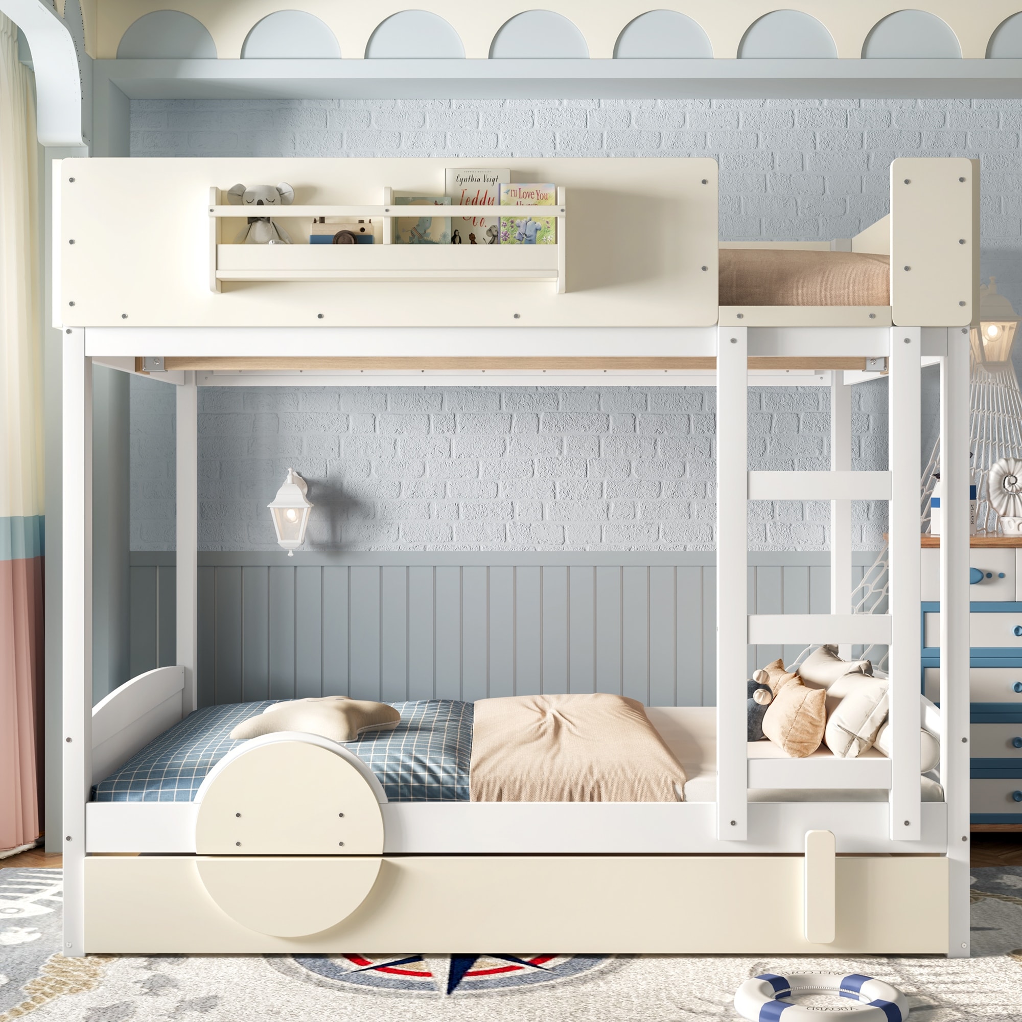 Roomfitters Car Shaped Bunk Bed with Trundle and Bookshelf, Solid Wood Auto Frame