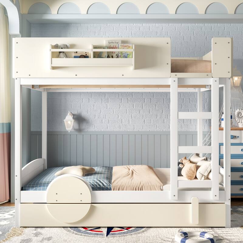 Roomfitters Car Shaped Bunk Bed with Trundle and Bookshelf, Solid Wood Auto Frame - Beige+White - Full