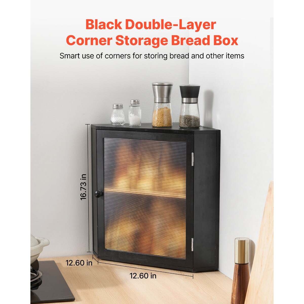 Black Wicker Wood Corner Bread Box with Double Layer Adjustable