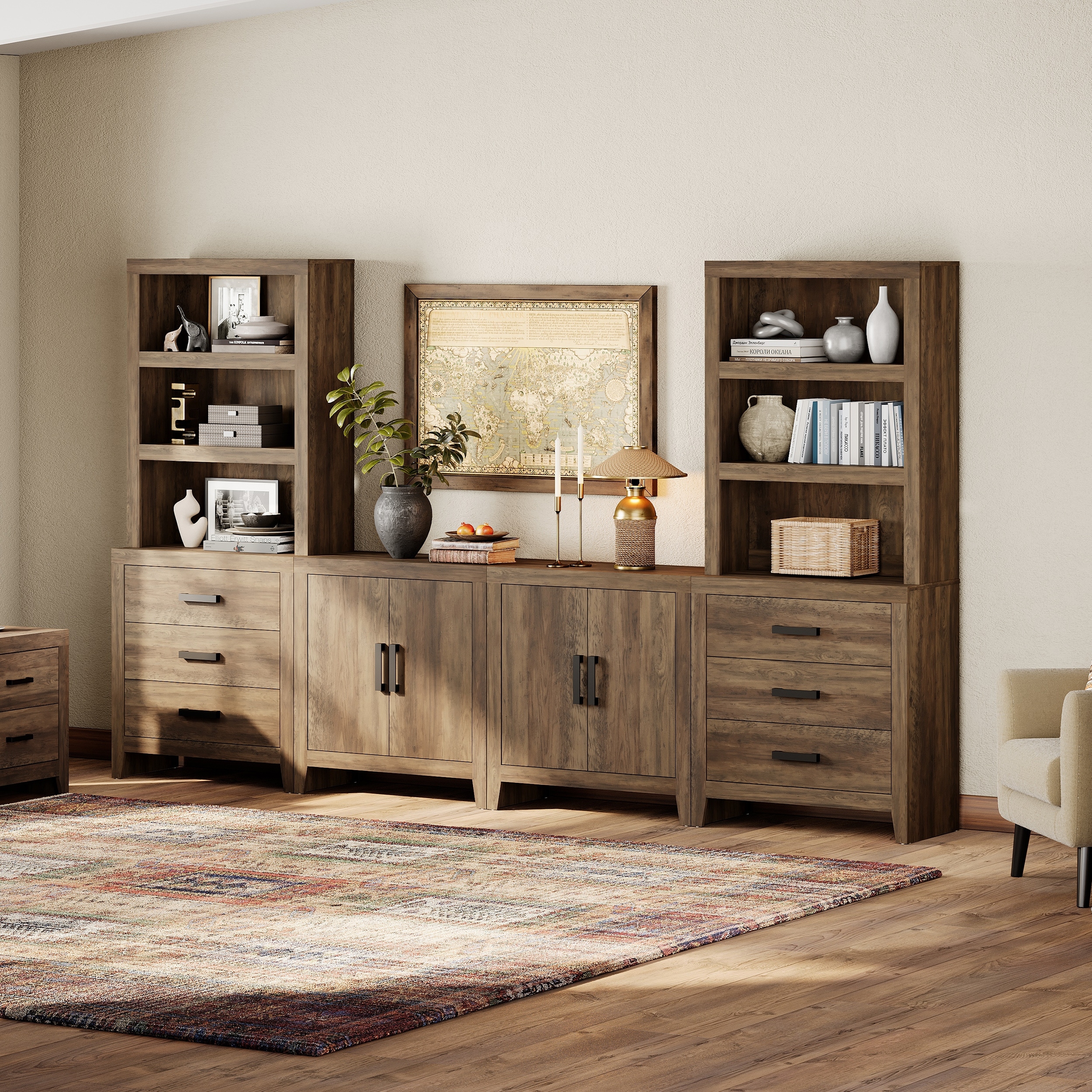 WAMPAT Entertainment Center with Bookshelves, Farmhouse TV Stand, Media Console with Adjustable Shelves for Living Room, Bedroom