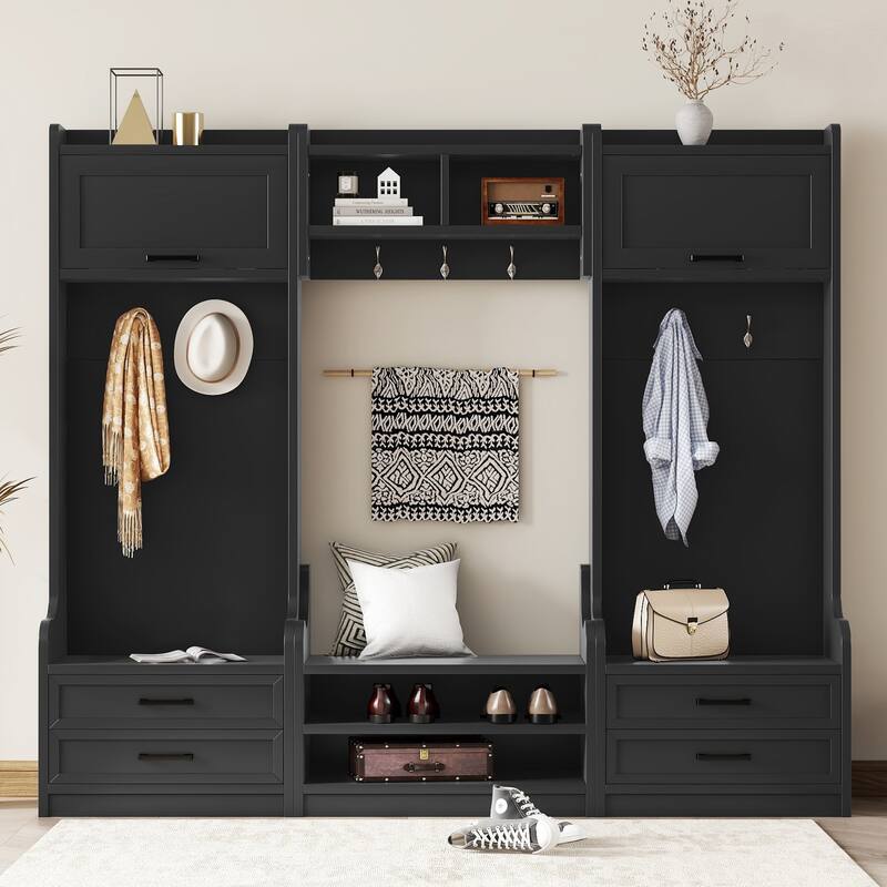 Roomfitters 4-in-1 Detachable Hall Tree with Hooks and Drawers, Entryway Coat Rack with Shoe Bench and Storage Cabinet