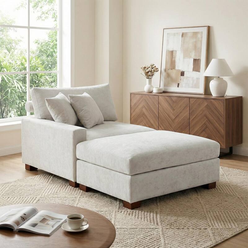 Modern Chenille Chaise Lounge Set with Ottoman