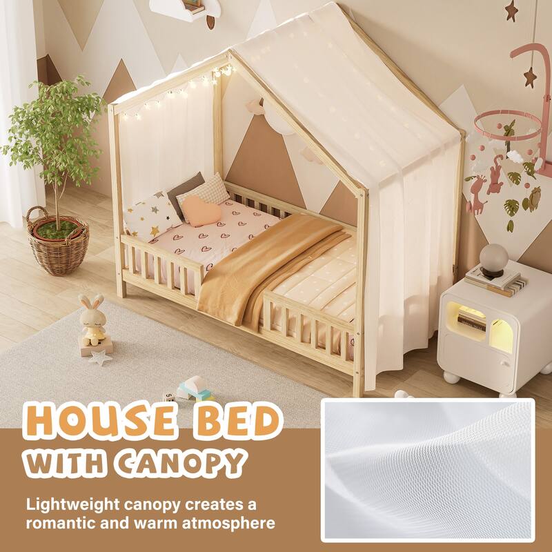 Montessori Bed, House-shape Frame Platform Bed for Kids Toddler, Wood House Daybed with High Railings and Roof, Canopy Bed Frame