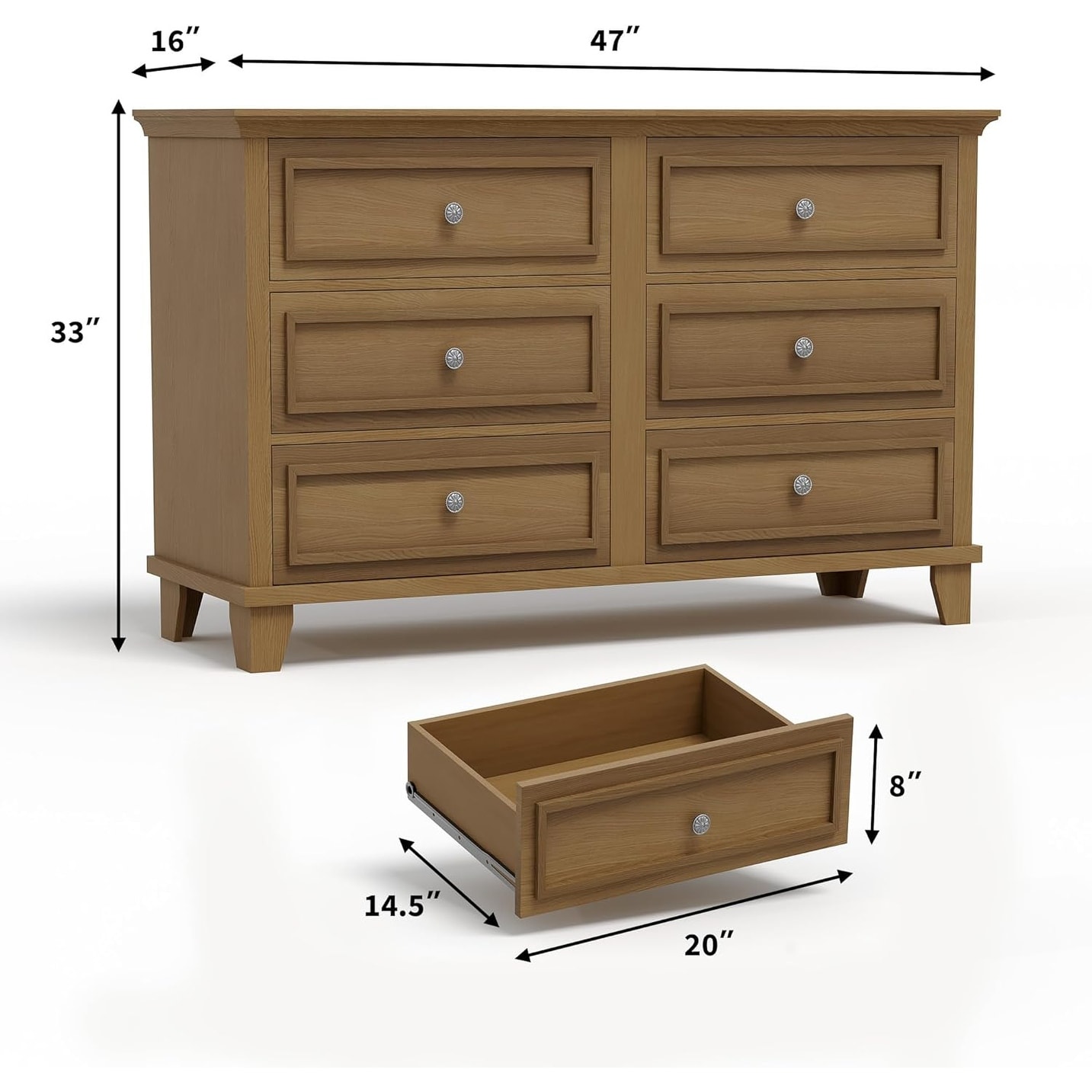 Brown 6-Drawer Wide Modern Dresser with Metal Handles