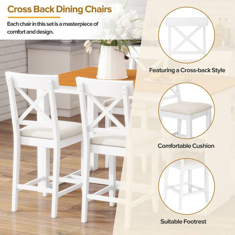 60"x30" Solid Wood Farmhouse 5-Piece Dining Set with Storage Shelves & Counter-Height Table, 4 Upholstered Chairs