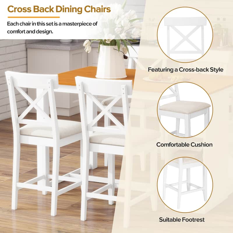 Farmhouse 5-Piece Counter Height Dining Table Set with 3-Tier Storage Shelves and Comfortable Cross Back Dining Chairs