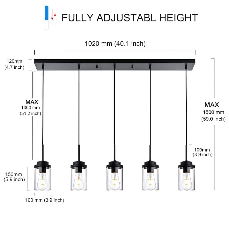 5 Lights Kitchen Island Lighting Linear Chandeliers, Industrial Pendant Light Fixtures Ceiling Hanging with Clear Glass Shade