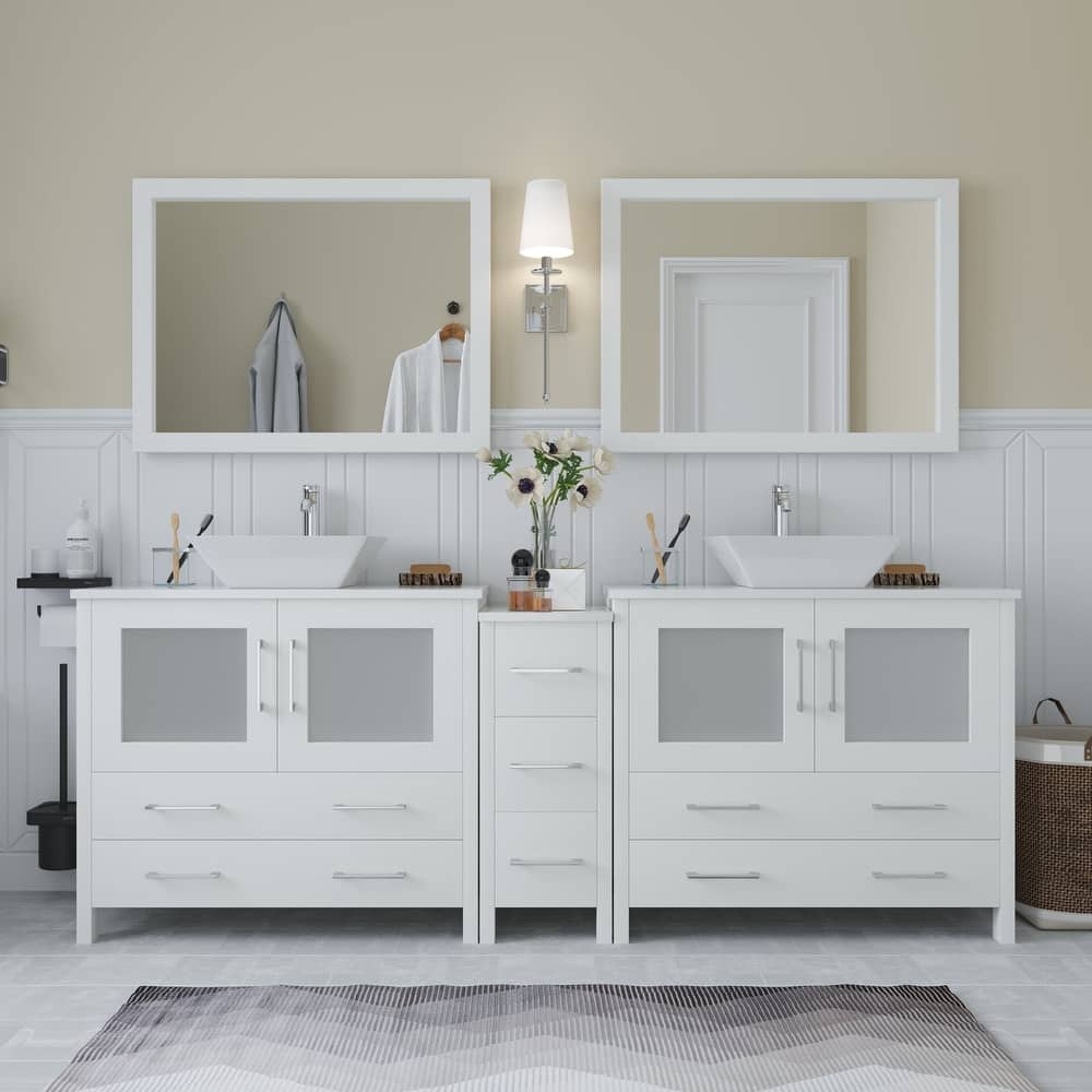 Vanity Art 84" Double Sink Bathroom Vanity Set with Engineered Marble Top and Free Mirrors