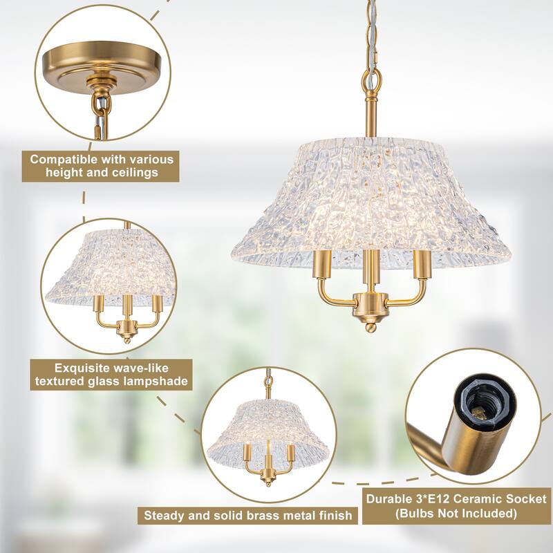 3-Light Pendant Light with Handblown Ripple Glass Kitchen Fixture - Dia.15-in