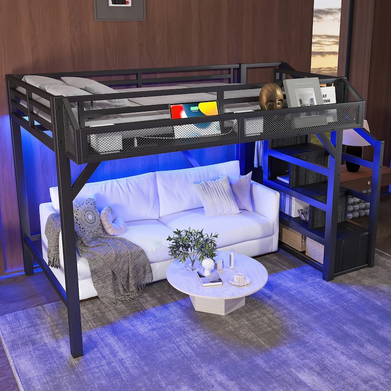 Twin XL Loft Bed with Storage Stairs, Shelves and Built-in Wardrobe, Metal Loft Bed Frame with USB Ports and LED Lights