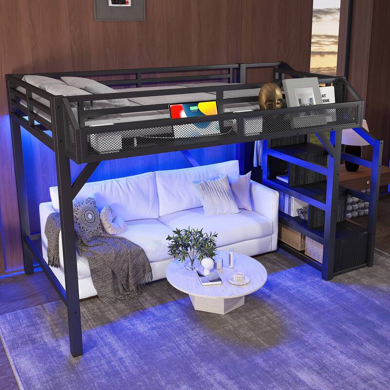 Twin XL/Twin Metal Loft Bed with Storage Stairs, Wardrobe, USB Ports & LED Lights
