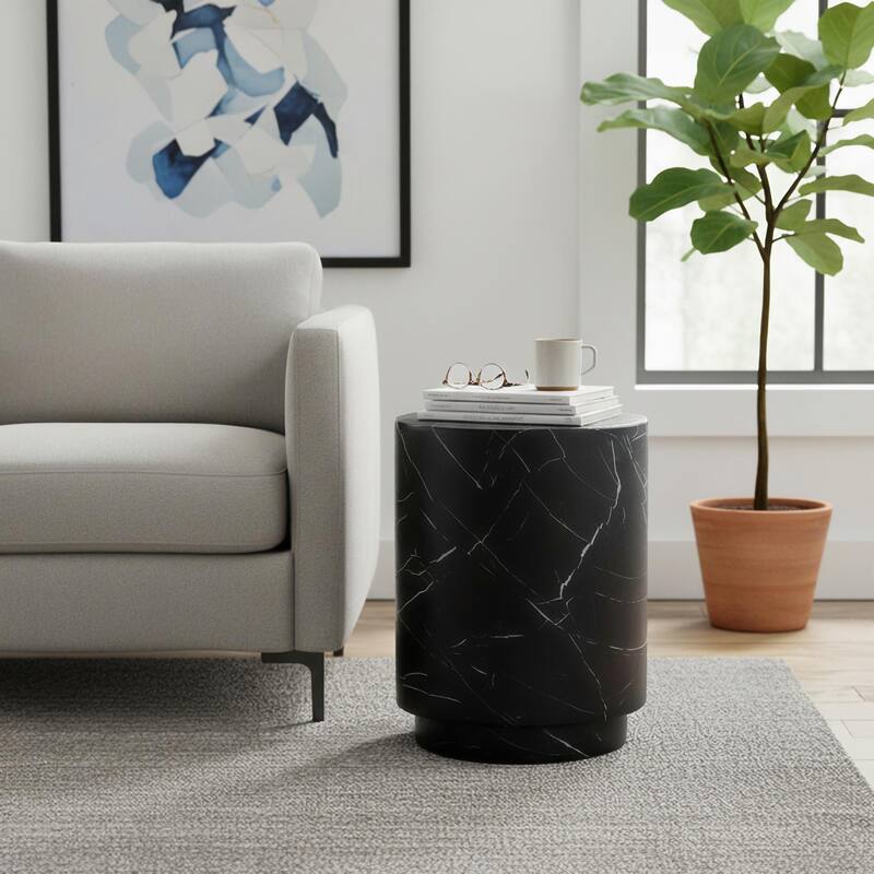 Ramble 14-inch Modern Fiberstone Round Side Table - Sculptural Tapered Pedestal Base End Table for Patio or Living Room