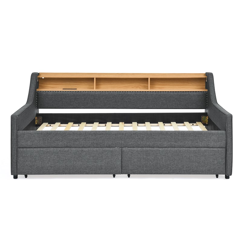 Grey Twin Size Upholstery DayBed with Three LED Lights,Storage Adjustable Headboard and Two Storage Pull Up Drawers