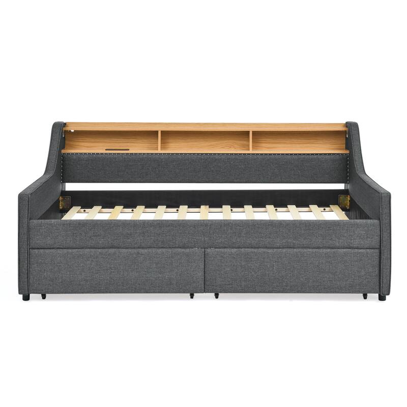 Roomfitters Twin Upholstered Sofa Bed with Adjustable Storage Headboard, Backlit Shelf and Underbed Storage Trundle