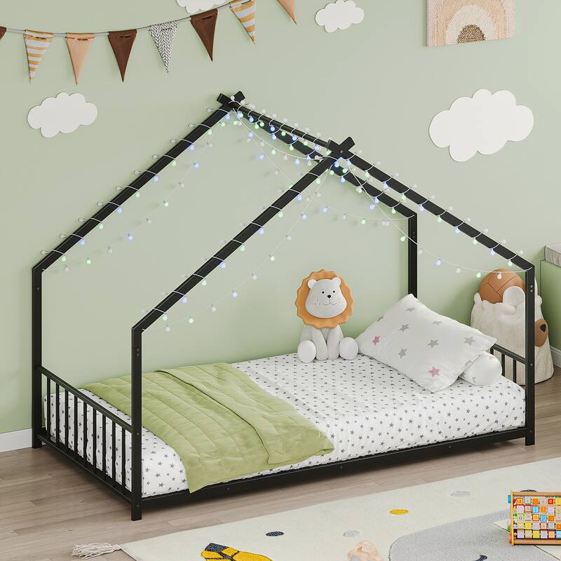 House-shaped Bed Frame, Toddler Kid Iron Floor Bed with House Roof Frame and LED Light Strips, House Daybed