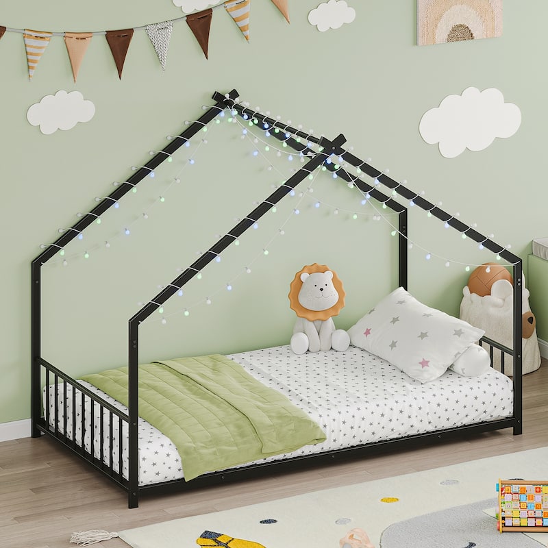 Twin Size LED Iron Bed Frame for Kids with Roof Design, Black, 78.5x40.9x58.4 Inches