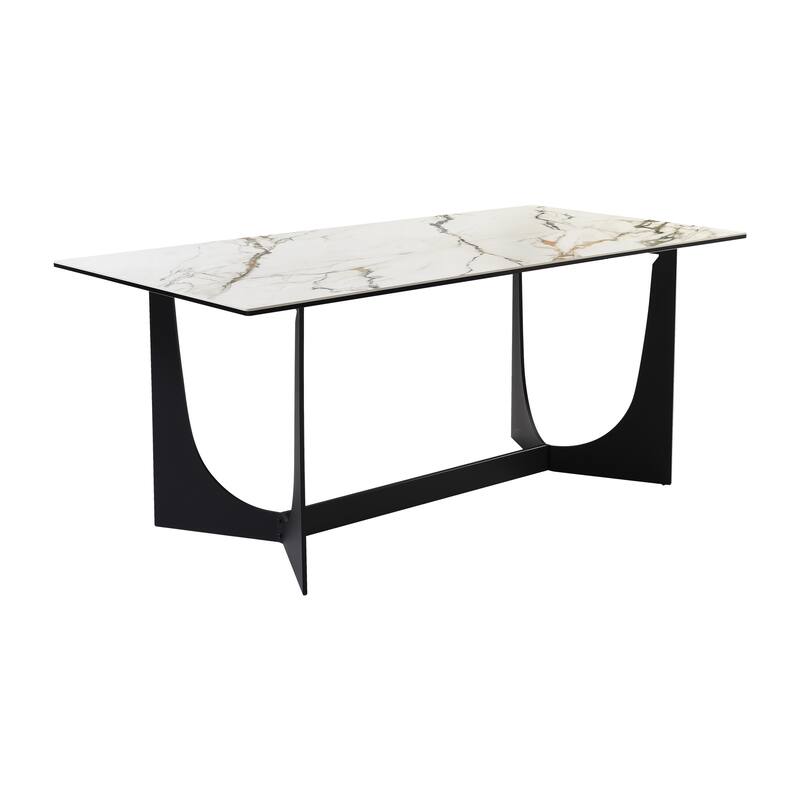 Esme 70" Sintered Stone and Black Metal Dining Table with Trestle Base
