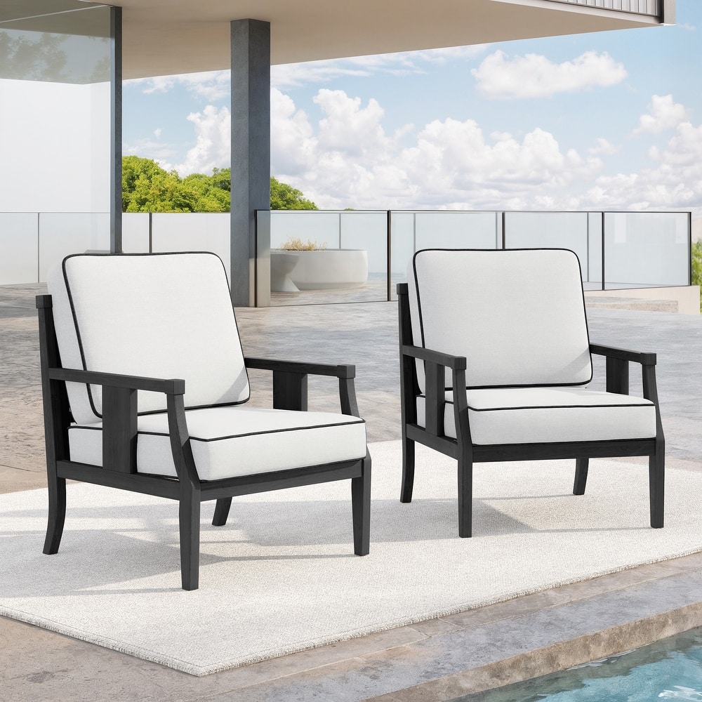 Set of 2 Outdoor Teak Wood Armchairs with Cushions, Patio Club Chairs