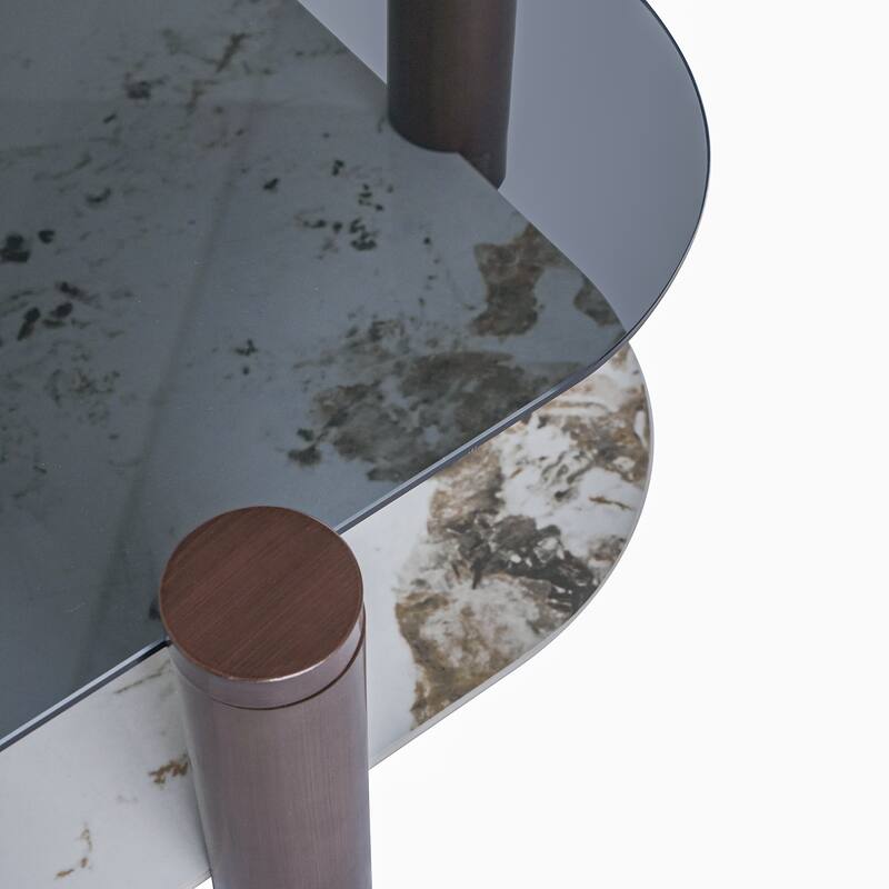 35 in. Square Tempered Glass and Stone Tabletop Modern Coffee Table with Steel legs