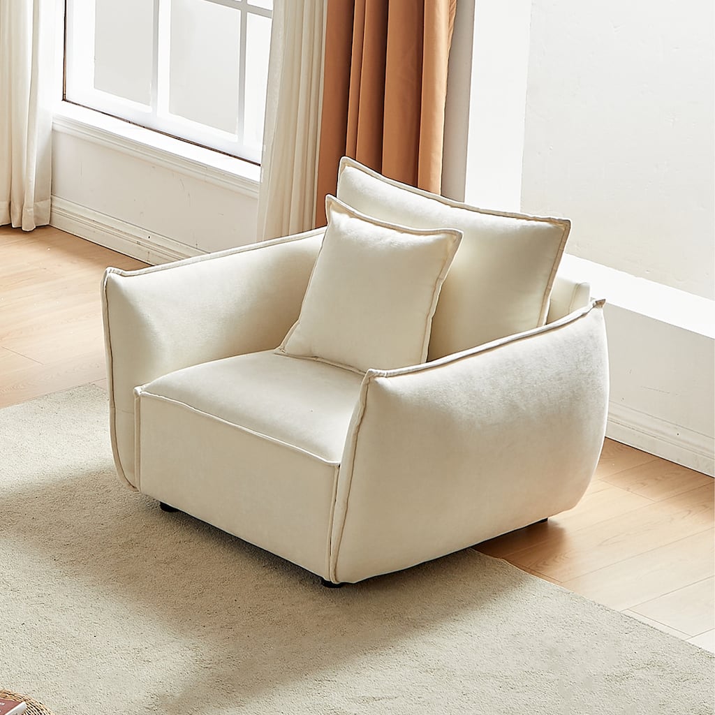 Beige Modern 44" Upholstered Arm Chair with Pillows and Wide Seat Cushion for Living Room