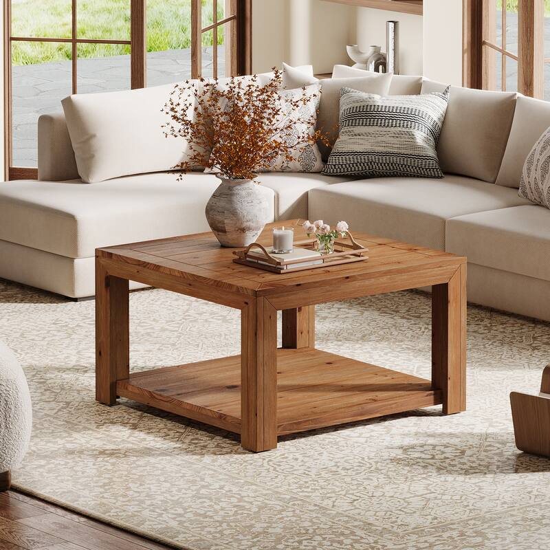 Square Coffee Table with Storage, 31.5-inch Solid Wood Center Table