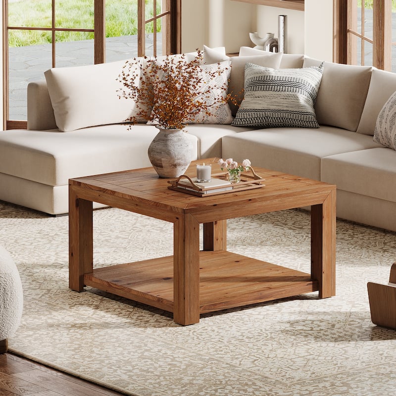Square Solid Wood Coffee Table, Open Storage Shelf Living Room Center Cocktail Accent Table