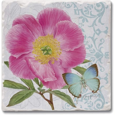 Absorbent Stone Beverage Coasters - Set of 4 - Peony - Multi-151