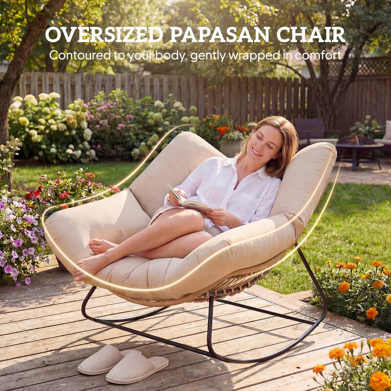 Outsunny Papasan Rocking Chair, Wicker Oversized Indoor Outdoor Rocking Chair with Cushion