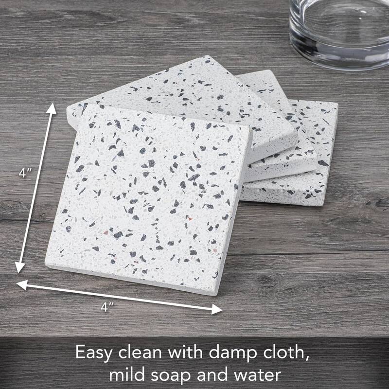 4 Pack White Natural Terrazzo Coasters with Protective Cork Backing 4" Square Attractive Absorbent Easily Wipes Clean