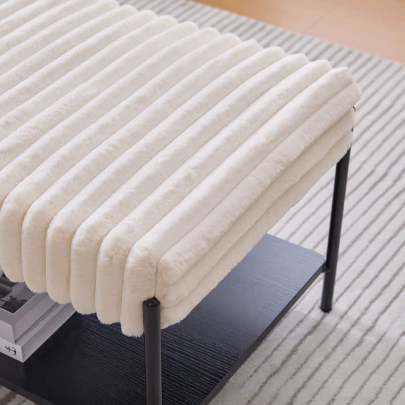 30.7"Wide Upholstered Ottoman Coffee Table Foot Rest With Metal Legs,Footstool With Wooden Open Storage Shelf,Faux Fur