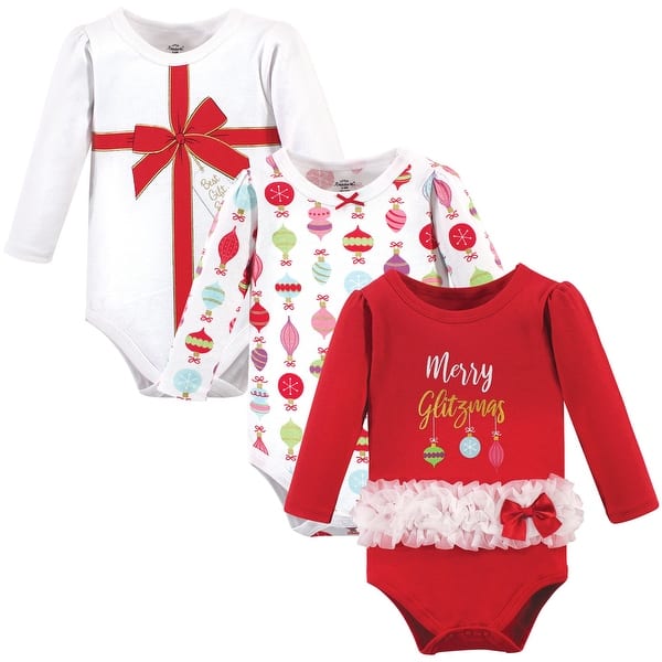 slide 1 of 1, Little Treasure Baby Girl Cotton Long-Sleeve Bodysuits 3pk, Glitzmas 3-6 Months - Glitzmas