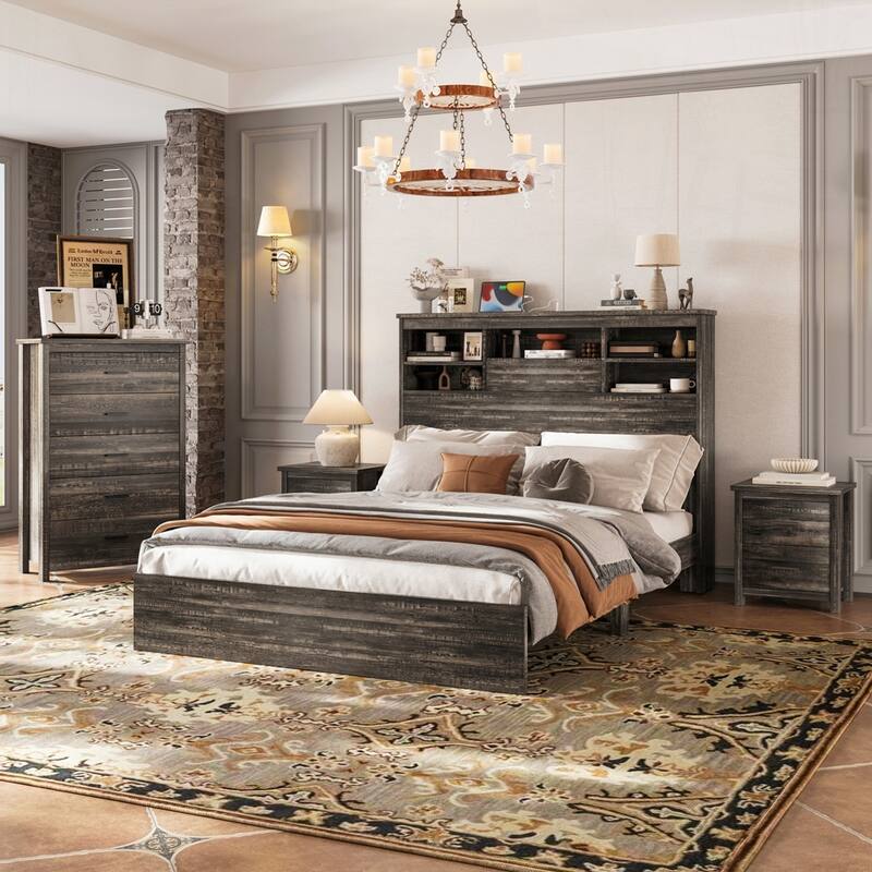 Wooden Bed Frame with Storage Headboard and Charging Station Bedroom Sets