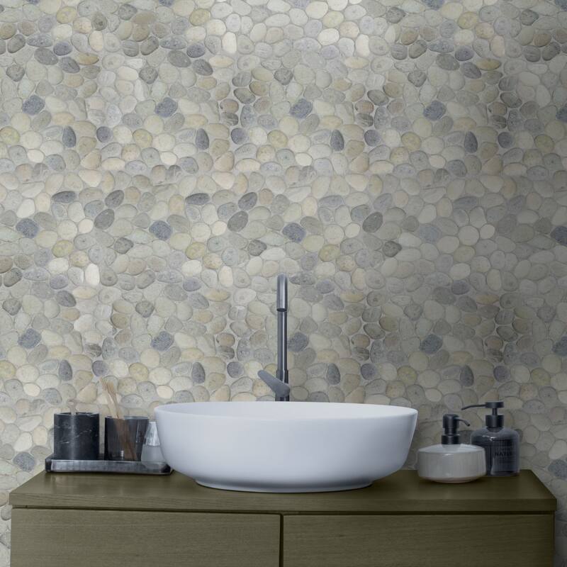 Grey Pebble Mosaic Tumbled Stone Backsplash Tiles for Kitchen Walls, Shower and Bathroom Floors 12" X 12" (5 Sqft per case)