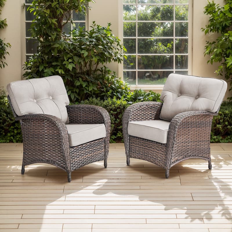 TWrap Brown Wicker Patio Armchairs with 5-Inch Thick Cushions (2-Pack)