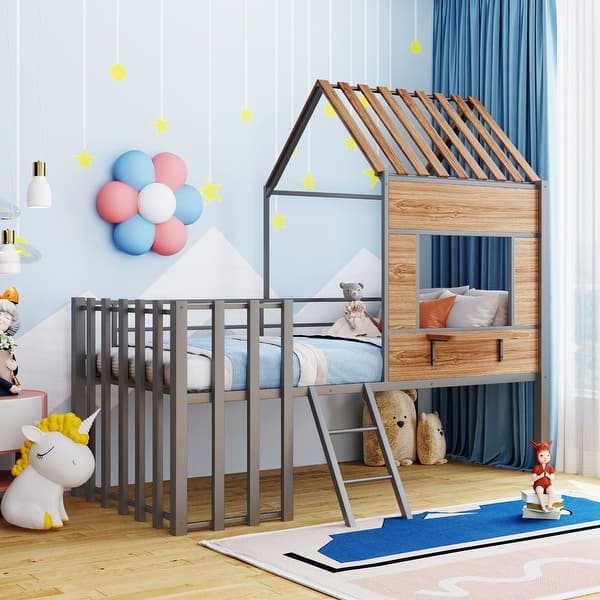 slide 2 of 13, Silver Twin Size Metal Loft Bed with Roof, Window, Guardrail and Ladder for Kids, Boys and Girls, Bedroom Silver