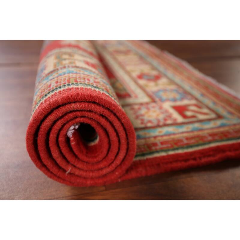 Red Kazak Foyer Rug Handmade Geometric Red Wool Carpet - 2'9" x 4'2"