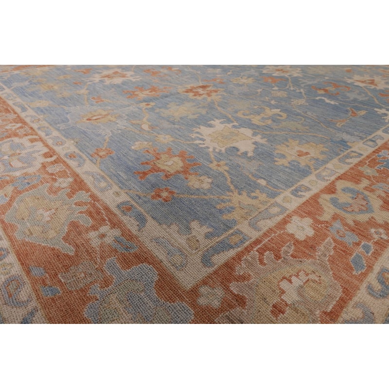 Floral Oushak Vegetable Dye Area Rug Handmade Blue Wool Carpet - 8'0" x 9'11"