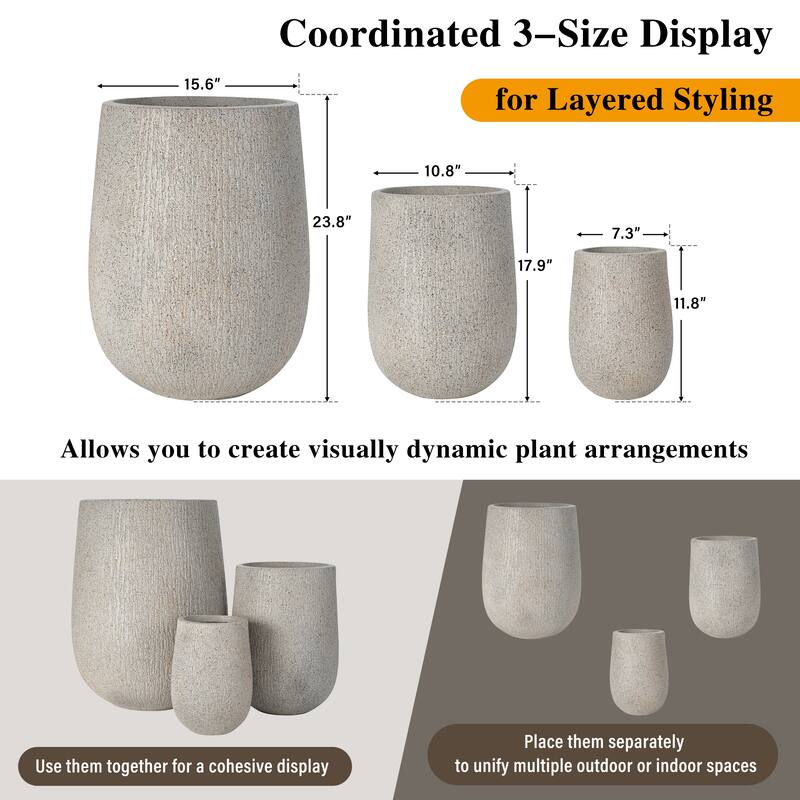 Egg-Shaped Lightweight MGO Outdoor Planter Set of 3,Modern Stone-Look Textured Flower Pots with Drainage Holes and Rubber Plug