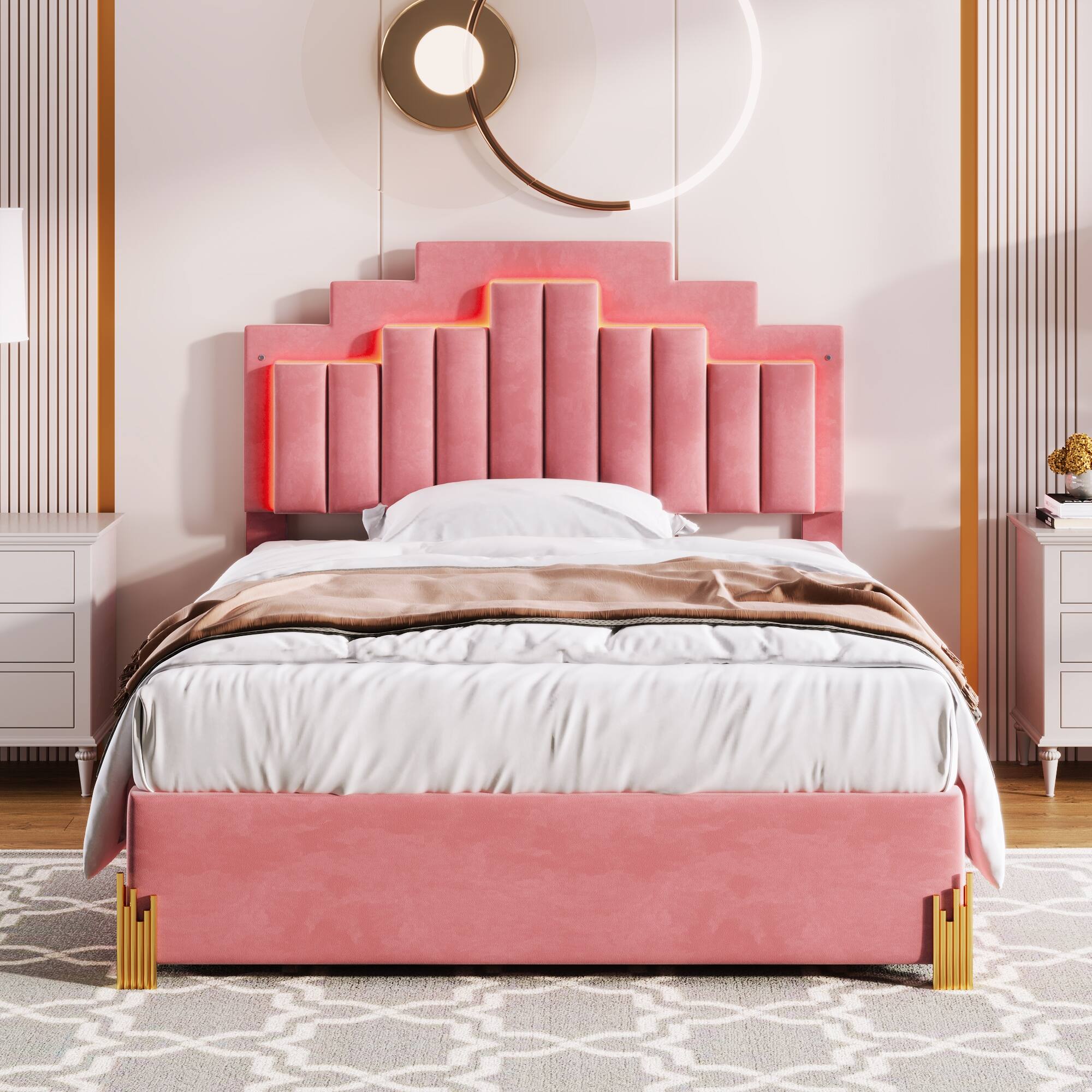 Pink Full Size Velvet Upholstered Platform Bed with RGB Lights Bed