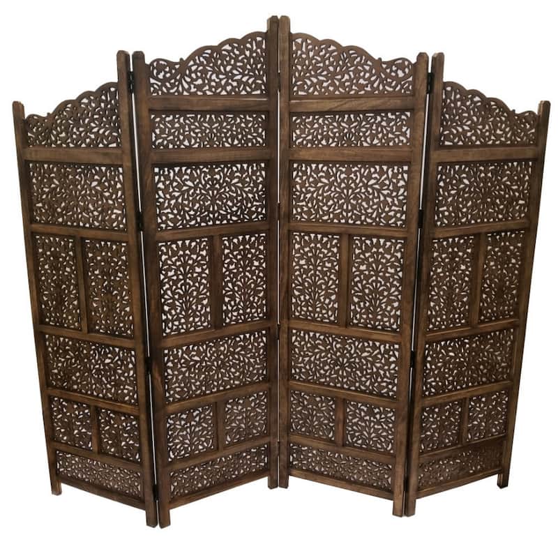 Benzara Hand Carved Foldable 4 Panel Wooden Partition Screen Room Divider,Brown