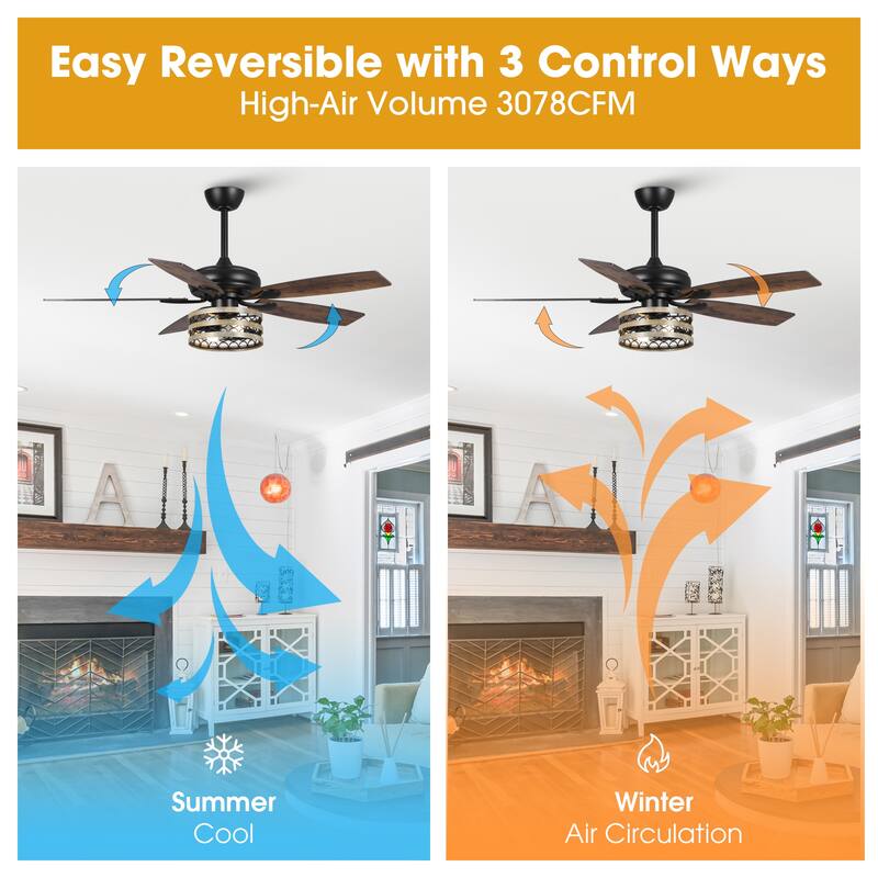 52" Farmhouse Reversible 5-Blade Smart Ceiling Fan with Remote, App Control, Voice Control
