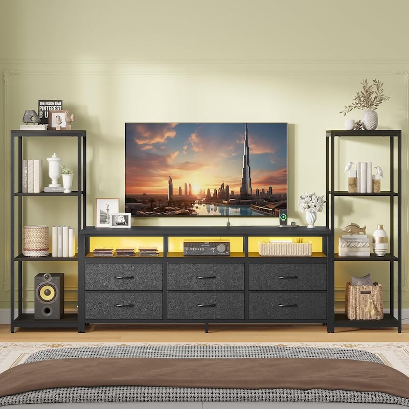 TV Stand Dresser with Bookcase TV Console Table Entertainment Center LED - Black - 6 Drawers