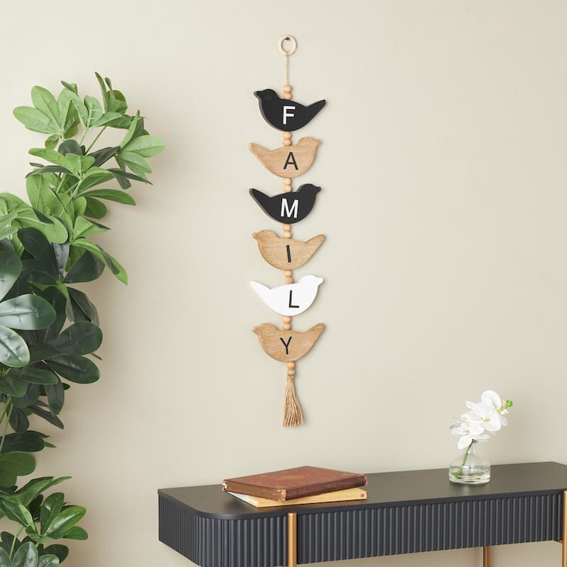 Brown or Black Wood Handmade Family Sign Bird Wall Decor with Tassel and Bead Accents