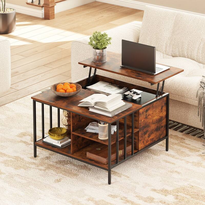 31.5"L Adjustable Height Flip Top Coffee Table with Storage - Brown
