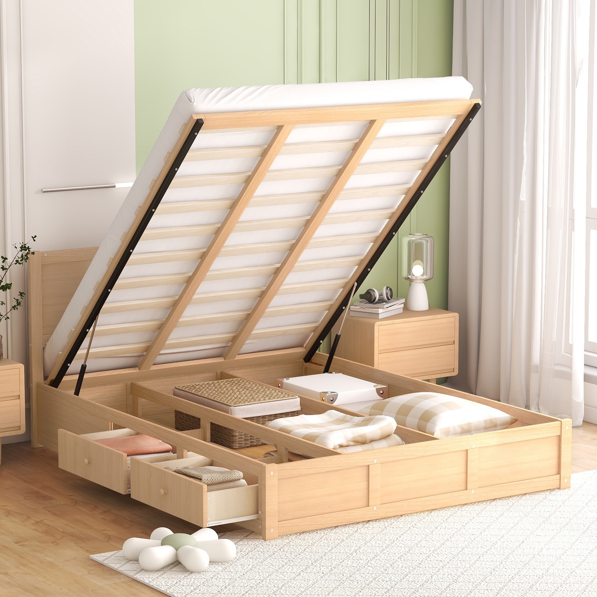 Bedroom Wooden Storage Bed with 2 Drawers, Solid Wood Platform Bed with Underneath Storage, Natural Theme Comfortable Sleep
