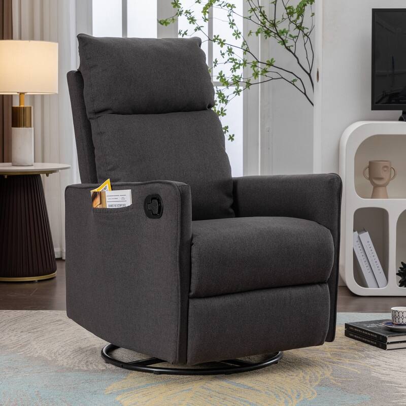 Cotton Linen Fabric Swivel Rocking Chair With Adjustment Backrest Footrest and Samll Pocket - Dark Gray