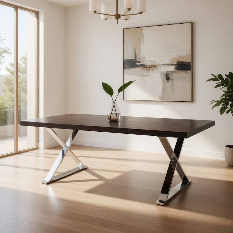 Rix 87 Inch Dining Table, Espresso Brown Wood Top, X Chrome Steel Legs