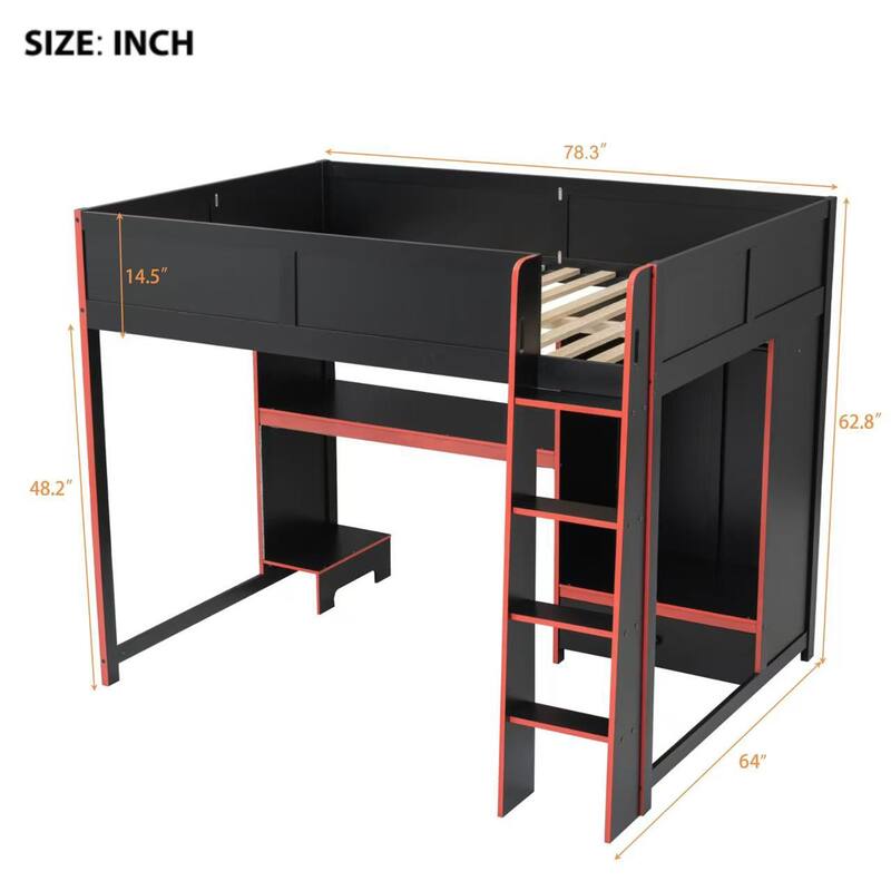 Modern Wood Gaming Loft Bed with Built-in Computer Desk, Wardrobe, LED and Drawer, Black Loft Bedframe, Space Saving Design