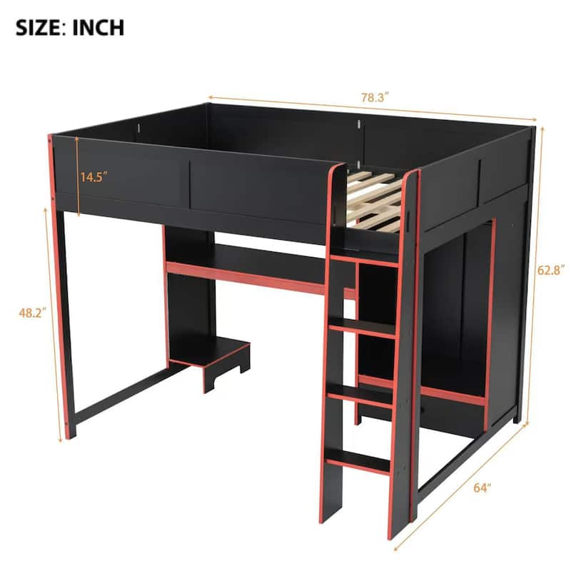 Wood Twin/Full Size Loft Bed with Desk, Wardrobe, LED Lights, Drawer and Hanging Rack - Space-Saving Gaming Workstation
