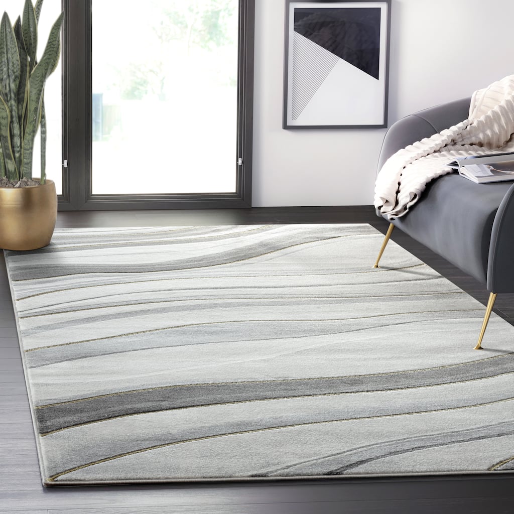 Abani Luna Contemporary Grey Gold Line Art Area Rug